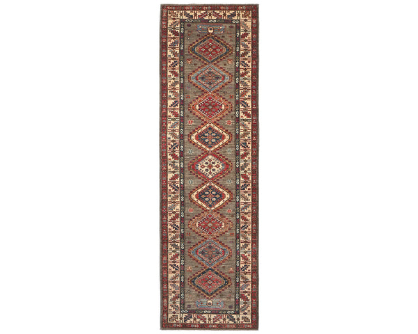 10 Feet Brown Kazak Afghan Hand Knotted Wool Runner Rug